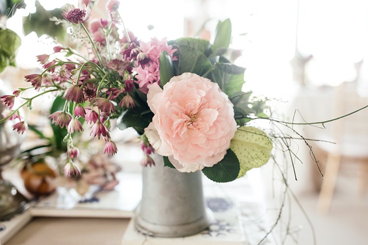 Garden Rose in tin vase wedding decor and flowers