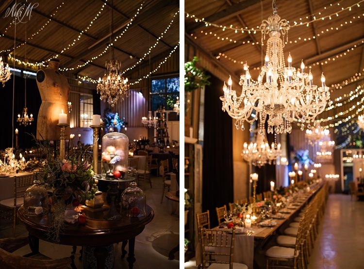 Otto de Jager Events Rose Barn Wedding evening reception decor with dynamic lighting