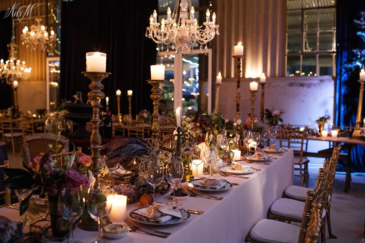 Otto de Jager Events Rose Barn Wedding moody evening reception decor with candles