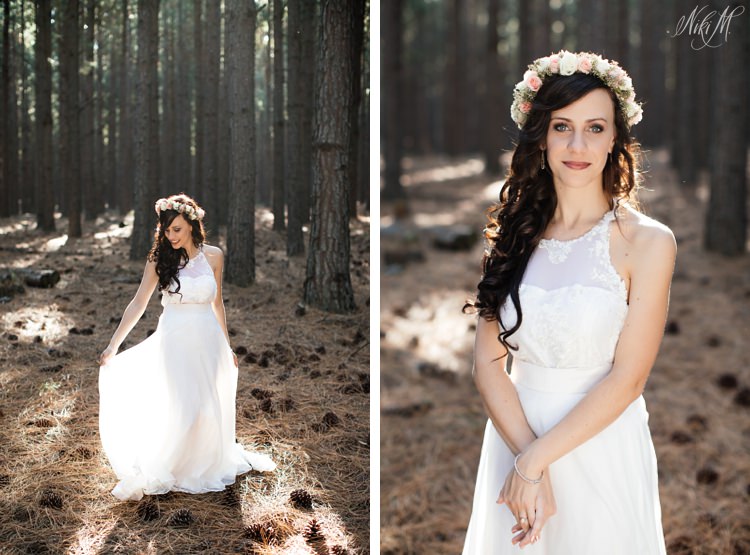 Portraits of blue-eyes boho bride, Amy in the pine forest of Tsitsikamma