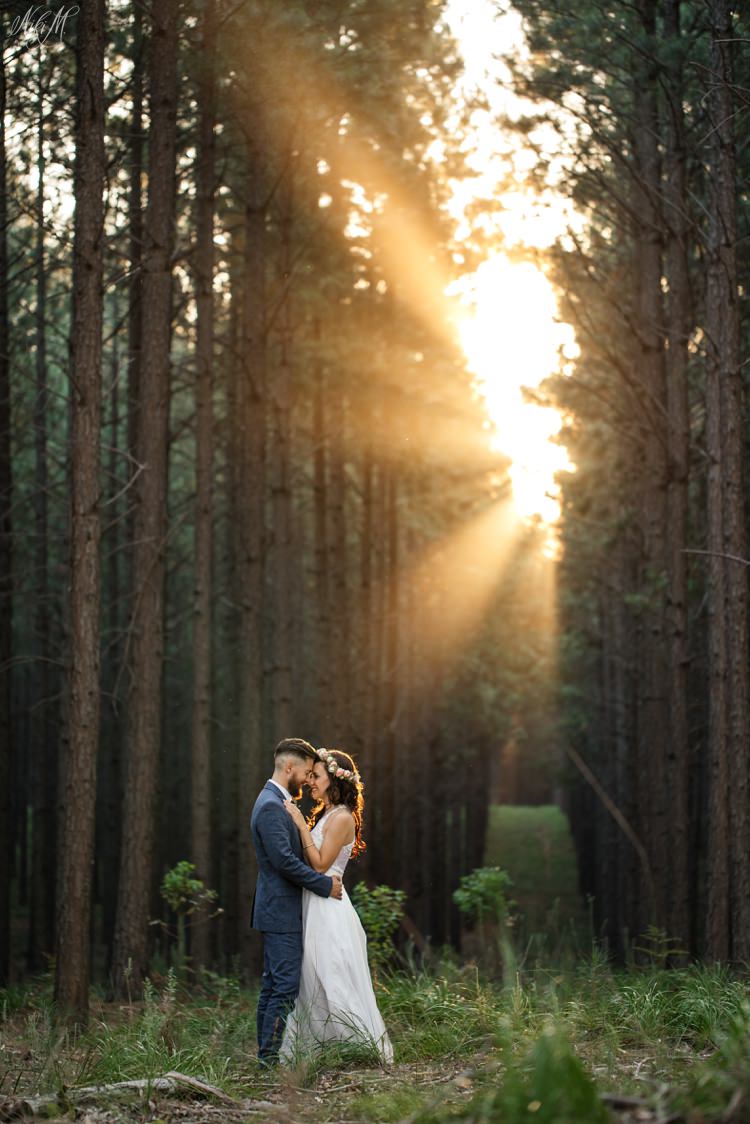 Amy and Silvino stand in the forest filled with sun rays on their wedding day 