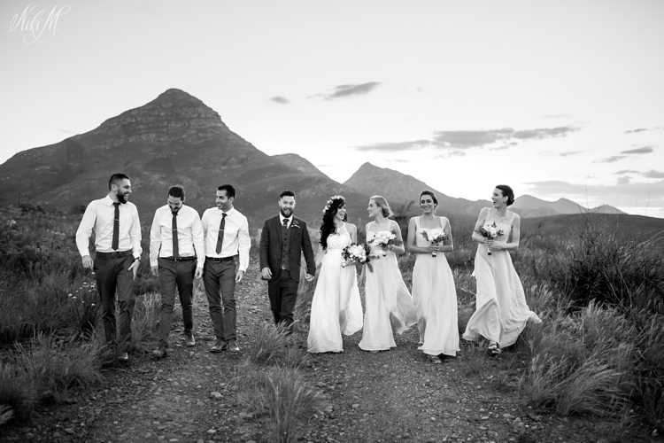 A wedding portrait of the bridal party with the Tsitsikamma mountain range behind them