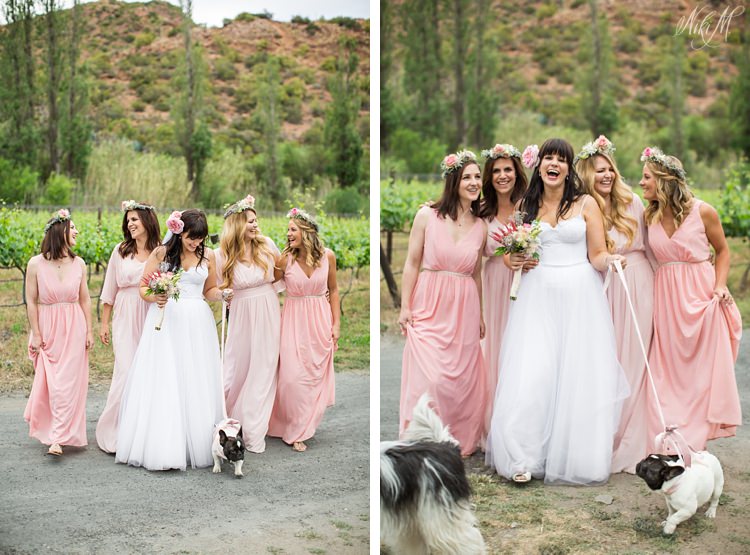 Blush mismatched bridesmaids dresses and a french bull dog as and honorary bridesmaid