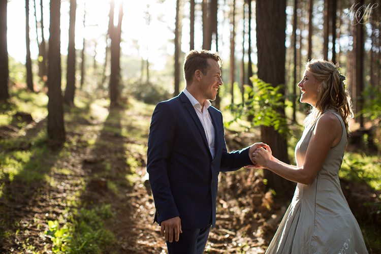 Wedding photos in the Hogsback arboretum forest as the sun sets