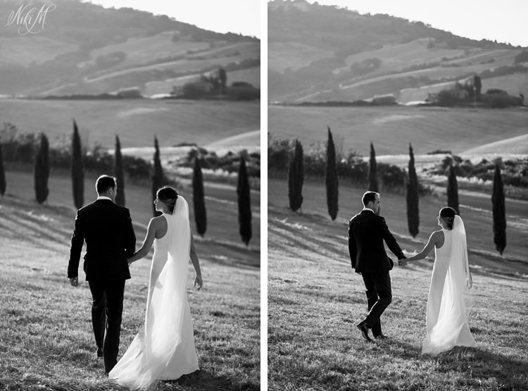 Black and white wedding photos in tuscany with cypress trees